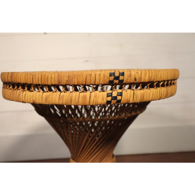 Boho Chic Vintage Wicker Rattan Emmanuelle Peacock Ottoman or Table Woven Pattern Cane 70's Retro Mid Century Modern Eclectic Boho Weave Foot Stool For Sale - Image 3 of 6
