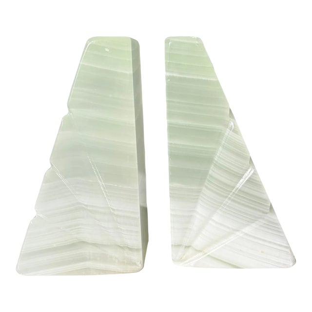 Mid-Century Onyx Marble Bookends Light Green & White With Etched Sunburst Detail- a Pair For Sale