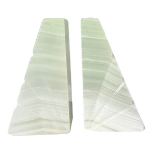 Mid-Century Onyx Marble Bookends Light Green & White With Etched Sunburst Detail- a Pair