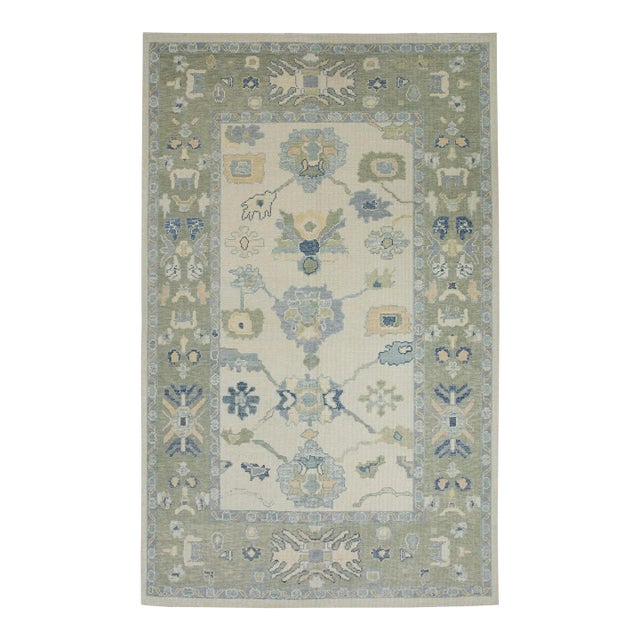 Early 21st Century Green & Blue Floral Design Handwoven Wool Turkish Oushak Rug 5'10" X 8'10" For Sale