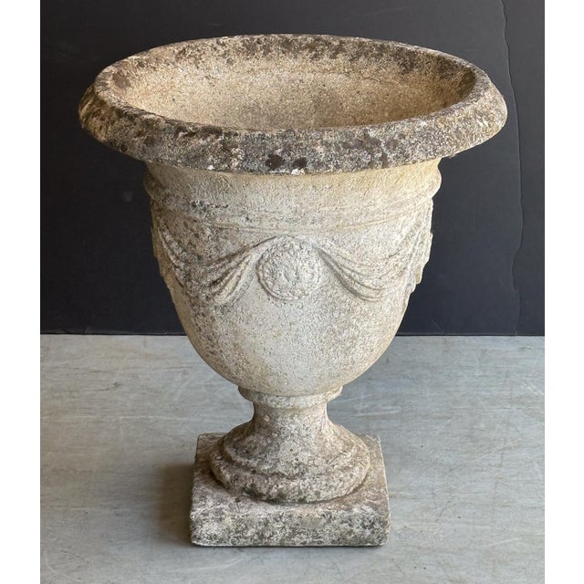 Stone English Garden Stone Urn or Planter Pot With Garland Motif For Sale - Image 7 of 13
