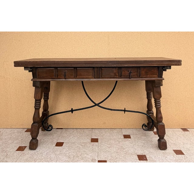 Wood Spanish Drop-Leaf Console Table With Iron Stretchers, 1940s For Sale - Image 7 of 11