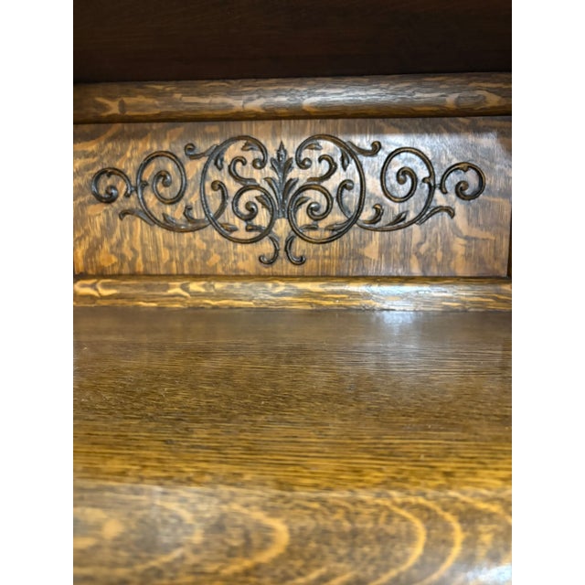 Oak Secretary Bookcase, Early 20th Century. Quarter-sawn oak with beautiful tiger-stripe grain. Curved glass display...