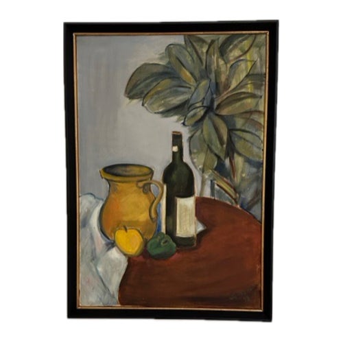 Vintage classic mid-century still life painting on canvas depicting a traditional table-scape with wine and produce....
