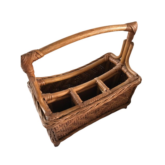 Vintage Bamboo and Wicker Storage Organizer Utensils Basket For Sale In Naples, FL - Image 6 of 10