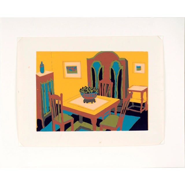 Bold and bright depiction of a dining room by Virginia J Hughins (Virginia Brubaker DeWolf) (American, 1923-2004). The...