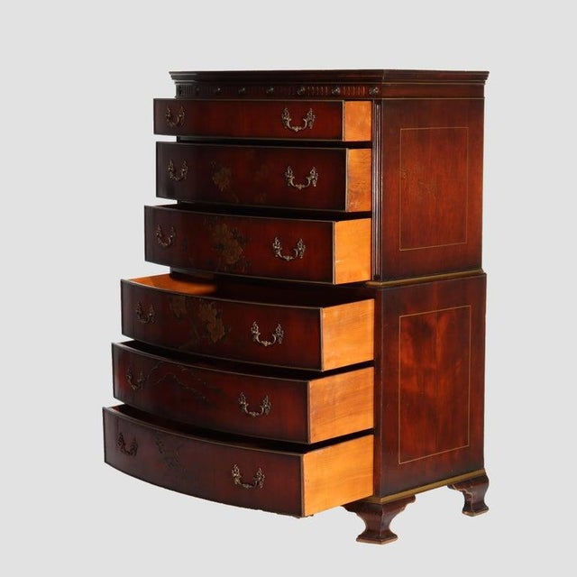 Floral Painted Chinese Chippendale Mahogany Six Drawer Highboy Chest C1920 For Sale - Image 13 of 18