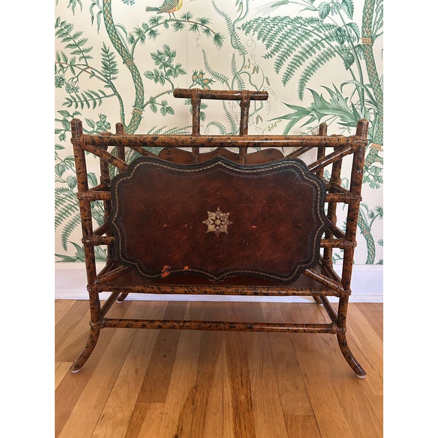 Vintage Maitland - Smith Scorched Bamboo and Tooled Leather Chinoiserie Canterbury Magazine Rack For Sale - Image 11 of 11