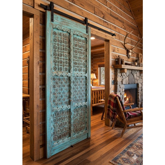 Wood Rustic Blue Antique Carved Wood Double Doors With Brass Studs – Farmhouse Decorative Doors 91 For Sale - Image 7 of 7