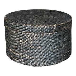 Vintage Boho Woven Rattan Lidded Basket For Sale