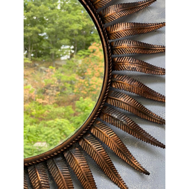 Large Spanish Round Mid Century Modern Copper Plated Sunburst Mirror For Sale In New York - Image 6 of 10