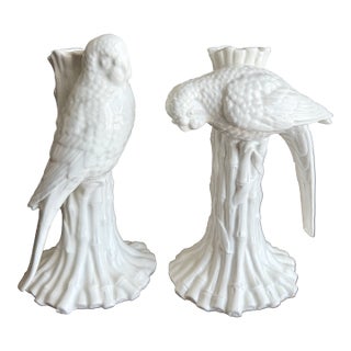 Fitz and Floyd White Porcelain Parrot Candleholders, a Pair For Sale
