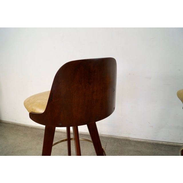 1960’s Mid-Century Modern Walnut & Leather Bar Stools - A Pair For Sale - Image 11 of 12