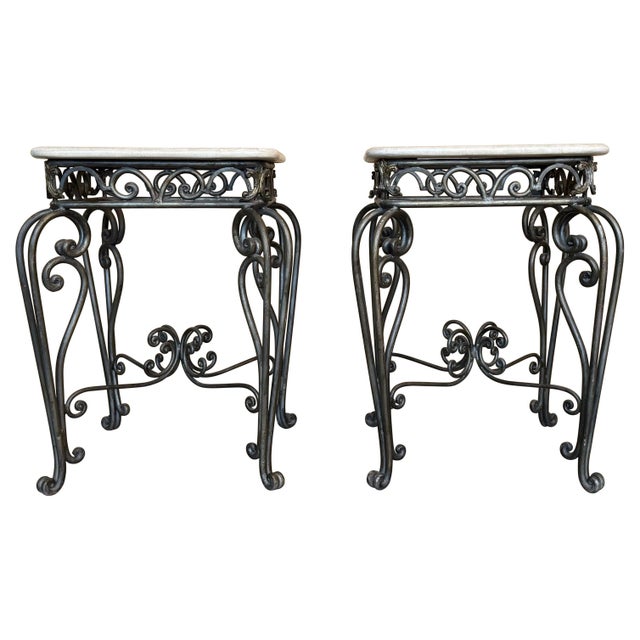 Early 20th Century Pair of Neoclassical Style Patinated Forged Iron Planter Stands with marble top For Sale - Image 15 of 18