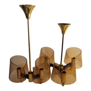 1970s French Space Age Amber Glass & Brass Chandelier Set by Michel Dumas - a Pair For Sale