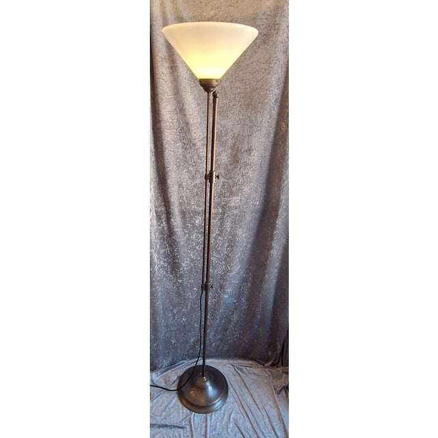 Metal Vintage Height-Adjustable Floor Lamp with Patinated Brass Frame and White Glass Shade, 1980s For Sale - Image 7 of 7