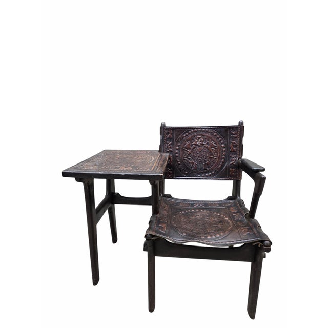 Vintage Rustic Tooled Leather Primitive Gossip Chair by Angel Pazmino For Sale - Image 4 of 7