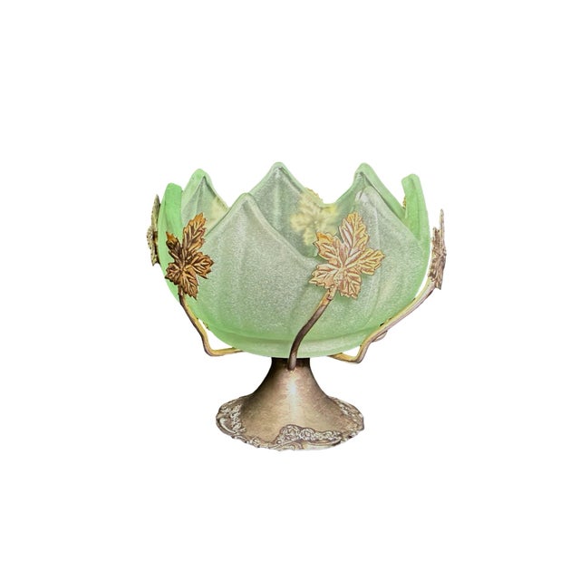 Vintage Brama Frosted Green Art Glass Bowl on Silver-Plated Base For Sale - Image 4 of 11