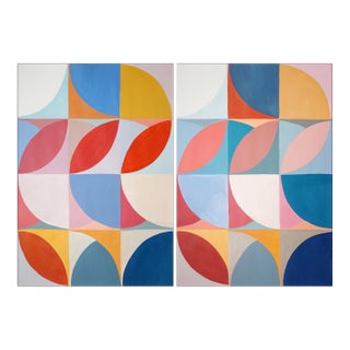 2026, Order Follows Repetition, Bauhaus Patterns Sequence in Vivid Tones, Large Painting Diptych by Natalia Roman For Sale