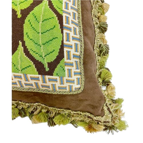 Late 20th Century Vintage Leaf Pattern Needlepoint & Fringe Pillow For Sale - Image 5 of 6