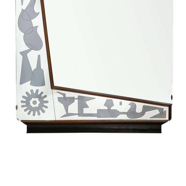Mid-Century Reversed Etched & Smoked Wall Mirror With Sculptural Walnut Lining For Sale - Image 4 of 12