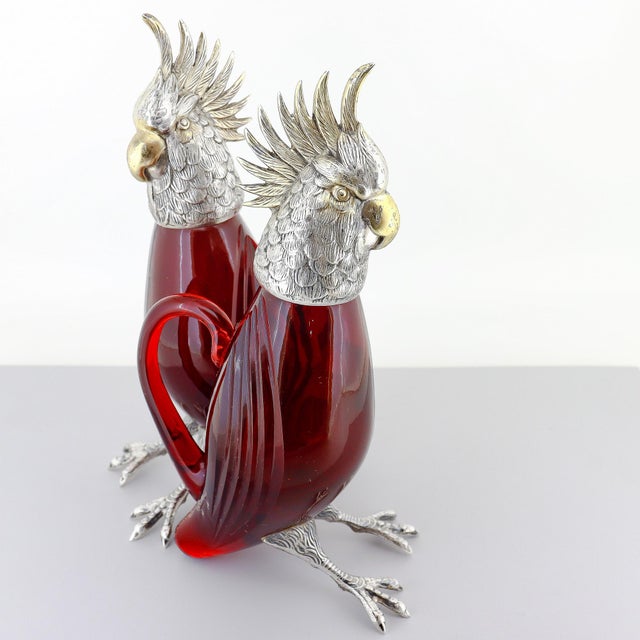 Metal Pair Cartier Sterling Silver & Ruby Red Cut Glass Oil & Vinegar Cruet Decanters For Sale - Image 7 of 18
