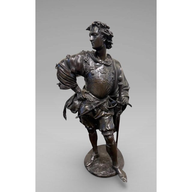 French Antique 25” Signed 19th Century French Bronze Sculpture the Landsknecht Cavalier by Albert-Ernest Carrier Belleuse For Sale - Image 3 of 14