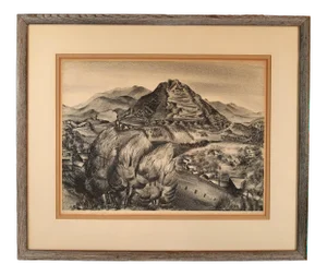 Mid Century Modern Black White Lithograph Print Colorado Landscape