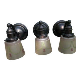 Antique Brass Sconces With Vintage Glass Shades - Set of Three For Sale