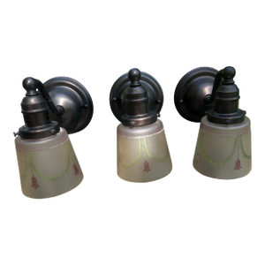 Antique Brass Sconces With Vintage Glass Shades - Set of Three