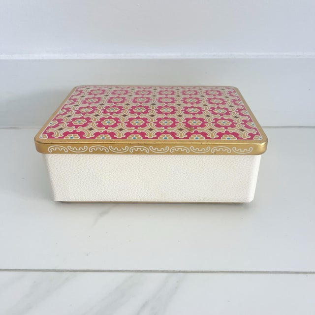 Art Nouveau Antique Tin Box With Lid West Germany Embossed Red Gold Cream Blue Geometric For Sale - Image 3 of 11