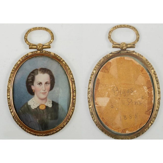 Antique Hand Painted French Portrait Miniature in Locket Style Frame, C. 1850 For Sale - Image 4 of 12