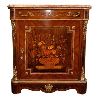 Napoleon III Style Side Table in Floral Marquetry with Marble Top For Sale