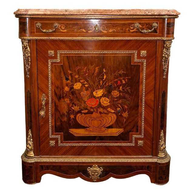 Napoleon III Style Side Table in Floral Marquetry with Marble Top For Sale