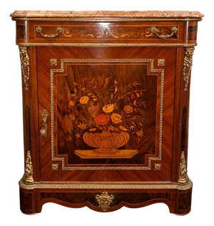 Napoleon III Style Side Table in Floral Marquetry with Marble Top