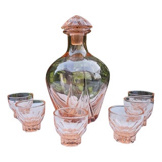 Art Deco Rosaline Glass Decanter and Glasses, 1930s, Set of 7 For Sale