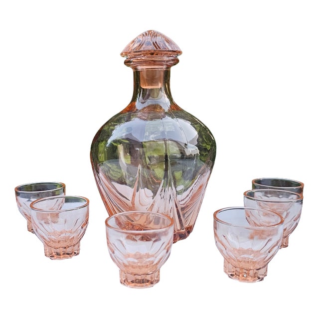 Art Deco Rosaline Glass Decanter and Glasses, 1930s, Set of 7 For Sale