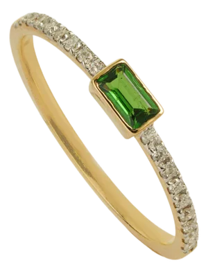 Minimalist Baguette-Cut Tsavorite & Diamond Pave Band Ring in 14k Yellow Gold Size 4