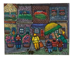 Mid 20th Century "Val's Print Shop" Village Scene Folk Art Style Oil Painting by Bea Haverbusch