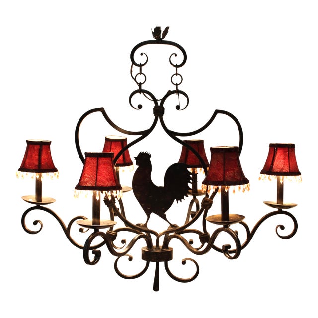 Large French Country Wrought Iron 6-Light Rooster Chandelier For Sale