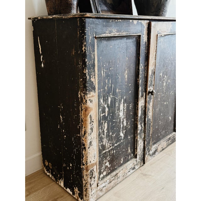 Large Antique English Chippy Painted Black Pine Cupboard For Sale - Image 4 of 7