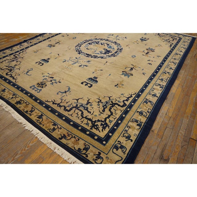 Chinese 1890s Beige Field Medallion Qing Antique Chinese Peking Carpet Rug 8'8" X 11'5" For Sale - Image 3 of 10
