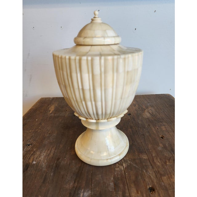 Ivory Vintage Enrique Garcel Neoclassical Style Fluted Tessellated Bone Lidded Urns - Set of 3 For Sale - Image 8 of 16