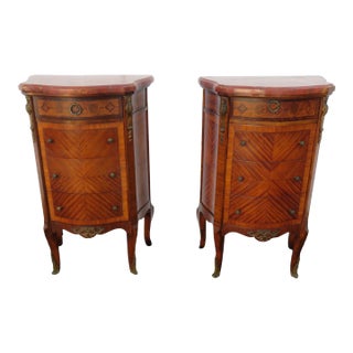 French Inlay Marble Top Tall Nightstands End Bedside Tables a Pair 5717 For Sale