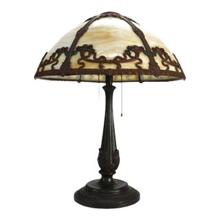 Bradley & Hubbard Arts & Crafts 6 Panel Slag Glass Table Lamp C1920 For Sale
