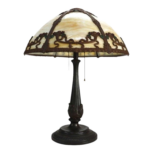 Bradley & Hubbard Arts & Crafts 6 Panel Slag Glass Table Lamp C1920 For Sale