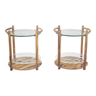 Pair of 1980s Zebrawood & Glass Two-Tier Side Tables / Bar Carts For Sale