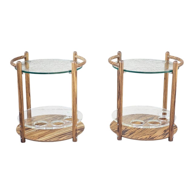Pair of 1980s Zebrawood & Glass Two-Tier Side Tables / Bar Carts For Sale