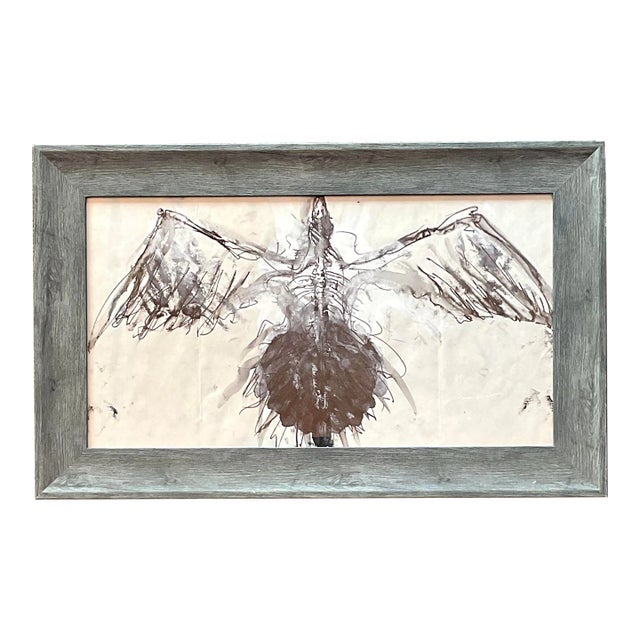 Vintage Boho Watercolor of Bird on Paper For Sale