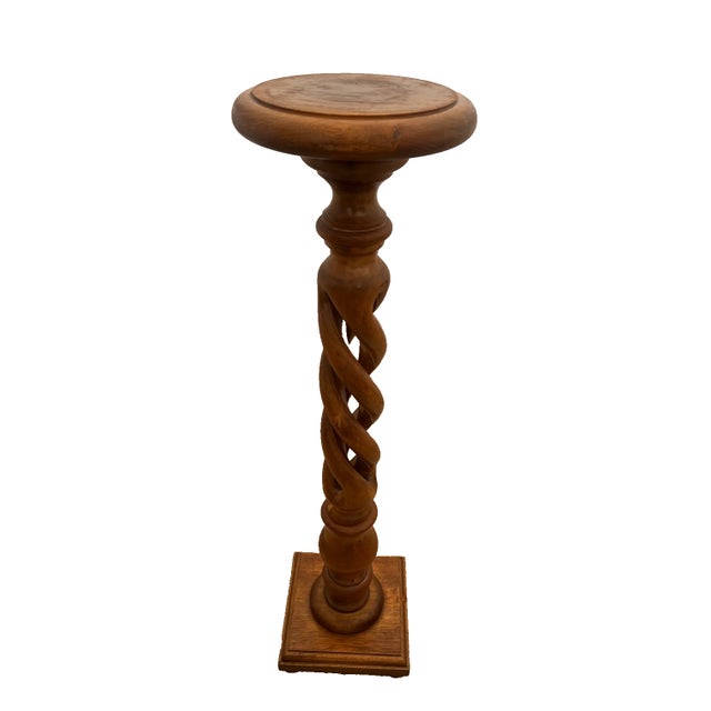 1980s Vintage Plant Stand Tall Table Barley Twist Pedestal Column Round Top Walnut For Sale - Image 5 of 9